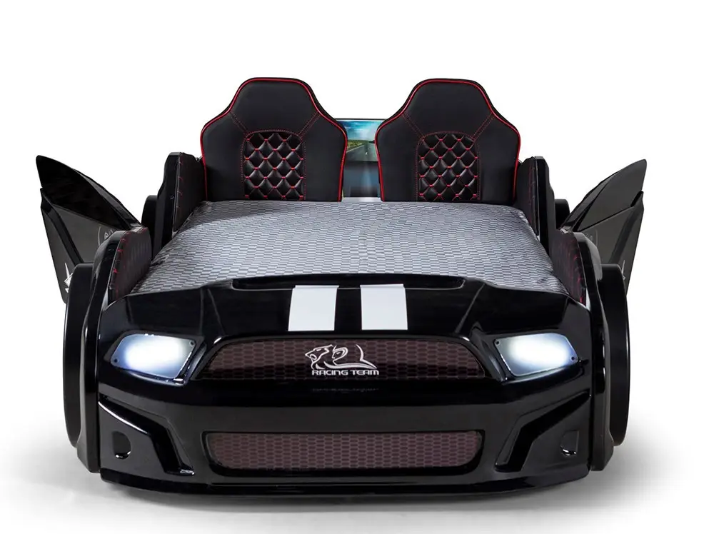Дитяче ліжко машина Mustang Full Extra Black 190х90 см з підсвічуванням, музикою, шкіряний салон, пультом